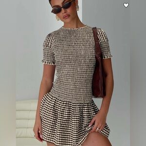 NWT Princess Polly Laurita Shirred Mini Dress Brown Check, US 2